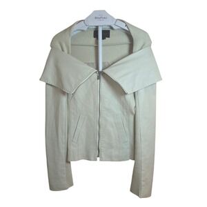 BCBGMAXAZRIA Ivory Leather Knit Zip Jacket Ribbed Panels Minimal Moto Womens S